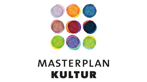Das Logo des Masterplans Kultur Hessen: 3 mal 3 gemalte Kreise über dem Schriftzug "Masterplan Kultur"