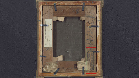 Ein blauer Stempel, verdeckt durch den Klebezettel, lässt den Text "handlung Dr. Büttner z.T. J. №" erahnen. Die Rückseite des Gemäldes; unten rechts ist ein roter Kasten, der einen Stempel einrahmt