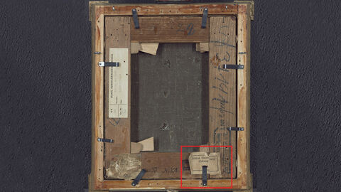 Die Rückseite des Gemäldes; ein roter Kasten rahmt einen Klebezettel unten rechts ein