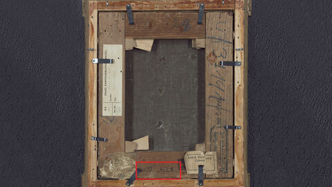 Ein weiterer Stempel: "Cap. XI", rechts daneben handschriftlich: "No 262". Die Rückseite des Gemäldes; ein roter Kasten in der Mitte unten rahmt einen Stempel ein