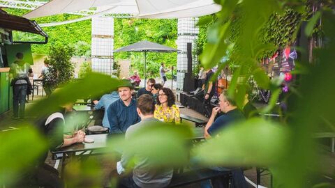 Mit dem Programm „Ins Freie!“ unterstützt das hessische Kunstministerium mehr als 100 kleine und große Open-Air-Festivals, insbesondere solche, bei denen sich Gruppen und Initiativen zusammentun. Ministerin Dorn sitzt mit Musikerinnen und Musiker an einem Tisch