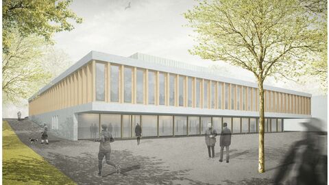 Eine Simulation des Getränketechnologischen Zentrums: Ein lang gestreckter Bau mit vielen Fenstern