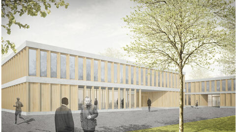 Simulation des Hörsaalgebäudes an der Hochschule Geisenheim, ein langgezogenes Gebäude mit großer Fensterfront