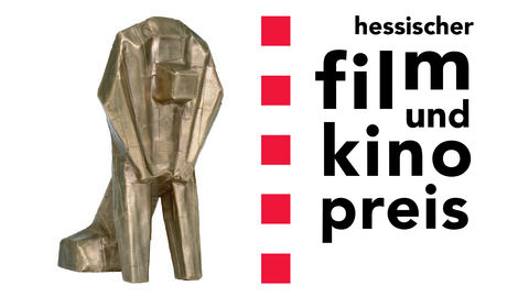 Logo des Hessischen Film- und Kinopreises: Die Löwen-Statue mit Schriftzug