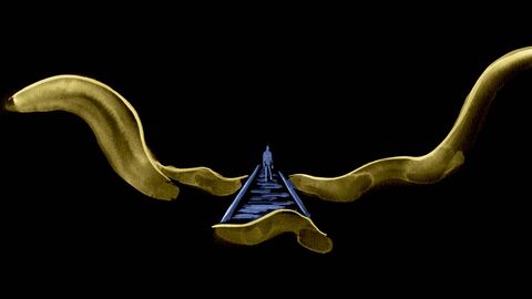 Szene aus "Der Lokführer" Szene aus "Der Lokführer": Eine stilisierte Figur auf Schienen