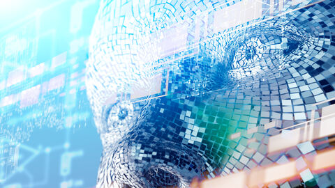 Abstraktes Cyborg-Gesicht mit Technologie-Hintergrund