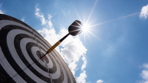Hessens Hochschulen geben sich mutige Zie-le für mehr Profil und Chancengerechtigkeit  Eine Zielscheibe mit Dartpfeil im Sonnenlicht