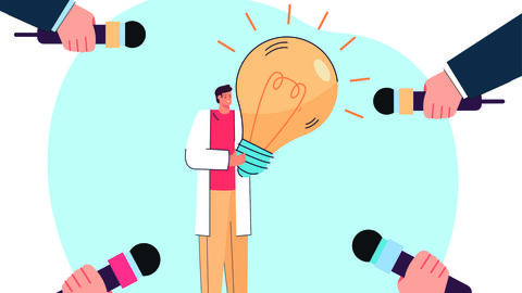 Forschende müssen ihre Arbeit auch gut präsentieren können Grafik: Ein Forscher steht mit einer großen Glühbirne in der Mitte, umringt von Mikrofonen