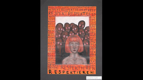 Emily Lehmann (15 Jahre), Albert-Schweitzer-Schule, Alsfeld, Kategorie Kleiner Anerkennungspreis Einzelteilnahme 13 bis 16 Jahre: Ein rothaariges Mädchen weint, im Hintergrund sieht man Gestalten mit großen roten Augen, die sie anstarren. Umrahmt ist das Bild mit dem mehrfach geschriebenen ort "Respekt"