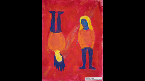 Julius Kühl (14 Jahre), Jugend-Musik- und Kunstschule, Maintal, Kleiner Anerkennungspreis Einzelteilnahme 13 bis 16 Jahre: Auf rotem Hintergrund sind zwei Personen zu sehen. Eine hat ein blaues Gesicht und steht richtig herum, die andere hängt von der Decke und hat ein gelbes Gesicht, sie sehen sich an