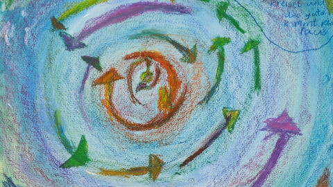 Armin Momeni, Jugend-Musik- und Kunstschule Maintal, Kategorie Gewinner*innen 6 bis 8 Jahre: Bunte Pfeile drehen sich im Kreis, dabei steht "Was gut ist, kommt gut zurück: Respekt geht in den Kreisel und das Gute kommt raus"