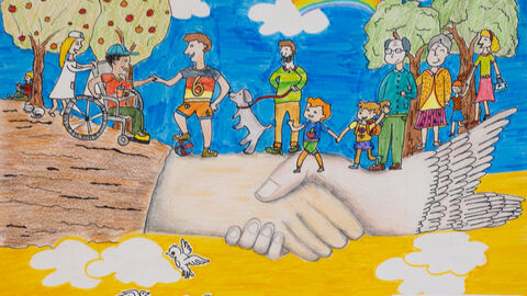 Linus Guwen Jia (8 Jahre), Frankfurt am Main, Kategorie Gewinner*innen 6 bis 8 Jahre: Zwei sich schüttelnde Hände, darauf balancieren eine Krankenschwester, ein Rollstuhlfahrer, Kinder, ein Mann mit Hund, ältere Menschen, eine Frau mit Kind an der Hand