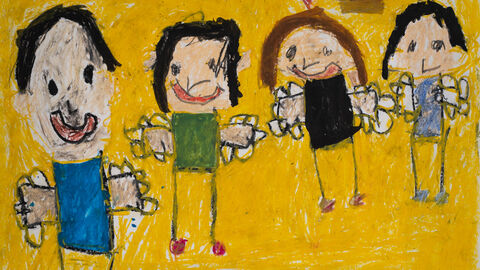 Esad Demirkesen (8 Jahre), Mathildenschule, Offenbach, Kategorie Gewinner*innen 6 bis 8 Jahre: Vier lächelende Personen auf gelbem Hintergrund, über einer schwebt ein Herz, eine deutsche Flagge ist dazugemalt 