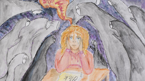 Agatha Rohlenko (12 Jahre), Pfungstadt, Kategorie Gewinner*innen 9 bis 12 Jahre: Ein weinendes Mädchen sitzt an einem Tisch, vor ihr liegt ein Zettel mit dem Text "Du bist dick", um sie herum drängen sich schwarze Gestalten mit weißen Gesichtern, darüber steht "Stop Mobbing"