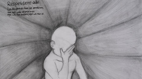 Lisa Gashi (12 Jahre), Otto-Hahn-Schule, Hanau, Kategorie Gewinner*innen 9 bis 12 Jahre: Eine Bleistiftzeichnung in Schwarzweiß; in der Mitte eines strahlenförmigen Musters ist eine Person zu sehen, sie hat keine Augen und vergräbt das Gesicht in den Händen. Darüber steht: "Respektiere alle Leute, denn es kann sie zerstören, man soll alle respektieren, egal wie man aussieht, egal wie man ist.