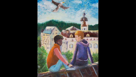 Sara Laura Miernik (12 Jahre), Gymnasium Philippinum, Weilburg, Kategorie Gewinner*innen 9 bis 12 Jahre: Zwei Personen sitzen auf einem Dach, im Hintergrund ist eine Dorflandschaft zu sehen. Eine Person ist dunkelhäutig, die andere rothaarig und weiß. Sie lächeln sich an und halten Hände.