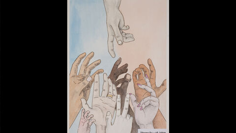 Ziheng Su (16 Jahre), Frankfurt am Main, Kategorie Gewinner*innen 13 bis 16 Jahre: Mehrere Hände verschiedener Größen und Hautfarben recken sich gen Himmel; von oben kommt ihnen eine weitere Hand entgegen