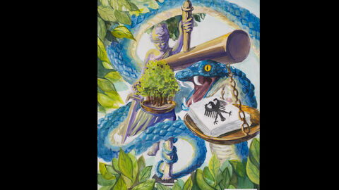 Choi Jiyoo (15 Jahre), Schwalbach am Taunus, Kategorie Gewinner*innen 13 bis 16 Jahre: Komposition im Hochfortmat; eine Justizia hält eine Waage. Auf einer Schale liegt ein Stapel Papiere mit dem Bundesadler, auf der anderen Schale ein Wald, um die Justizia schlängelt sich eine große blaue Schlange mit aufgesperrtem Maul