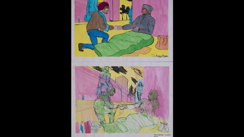 David Agladze (15 Jahre), Solms, Kategorie Gewinner*innen 13 bis 16 Jahre: Zweimal das gleiche Motiv in unterschiedlichen Stilen. Im oberen Bild ist ein Mann im Schlafsack zu sehen, wahrscheinlich obdachlos, dem ein Mann die Hand schüttelt. Im Hintergrund gehen Passanten vorbei. Darunter noch einmal das Motiv, mit schnellen Linien und nur andeutend skizziert