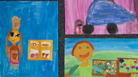 Klasse 1c, Waldschule Tempelsee, Offenbach, Kategorie Gewinnerschulklasse: 3 Bilder; eine Verkaufsperson, eine Person mit Polizeiauto und eine Person mit Blumen