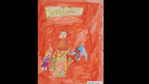 Mia Kupfer (8 Jahre), Grundschule Guxhagen, Kategorie kleiner Anerkennungspreis für Einzelteilnahmen: Szene im Supermarkt, man sieht eine Person mit zwei Kindern, um sie herum verstreut liegt Obst