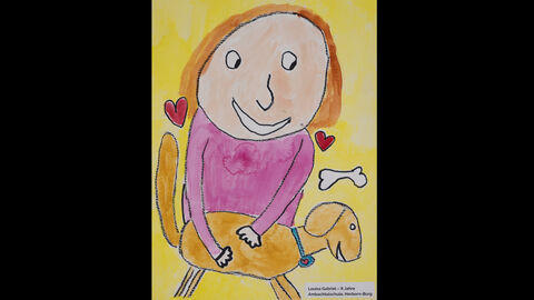 Louisa Gabriel (8 Jahre), Ambachtalschule, Herborn-Burg, Kategorie kleiner Anerkennungspreis für Einzelteilnahmen Louisa Gabriel (8 Jahre), Ambachtalschule, Herborn-Burg, Kategorie kleiner Anerkennungspreis für Einzelteilnahmen: Ein Kind streichelt einen Hund