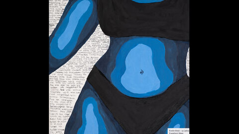 Evelin Dold (12 Jahre), Frankfurt am Main, Kategorie Kleiner Anerkennungspreis Einzelteilnahmen 9 bis 12 Jahre: Ein weiblicher blauer Körper in Unterwäsche, dahinter ein Text darüber, dass alle Menschen Respekt verdienen