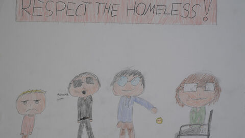 Timo Schickling (12 Jahre), Philipp-Reis-Schule, Friedrichsdorf, Kategorie Kleiner Anerkennungspreis Einzelteilnahmen 9 bis 12 Jahre: Unter dem Titel "Respect the homeless" ("Respektiert die Obdachlosen") sind vier Personen zu sehen; eine obdachlose Person auf dem Boden, eine weitere Person spuckt auf sie, eine dritte wirft eine Münze in den Sammelbecher eines Bettlers 