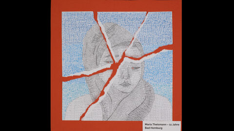 Maria Theismann (11 Jahre), Bad Homburg, Kategorie Kleiner Anerkennungspreis Einzelteilnahmen 9 bis 12 Jahre: Das Bild eines Mädchens mit Kopftuch, das traurig zur Seite blickt, ist in fünf Teile zerrissen und wieder zusammengesetzt; den Hintergrund bildet das Wort "Respekt"