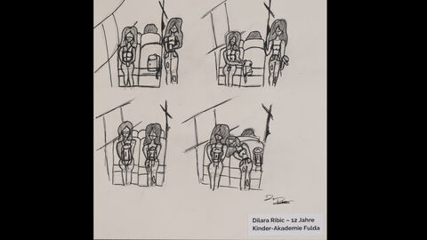 Dilara Ribic (12 Jahre), Kinderakademie Fulda, Kategorie Kleiner Anerkennungspreis Einzelteilnahmen 9 bis 12 Jahre: Ein Comic aus vier Bildern. Eine Frau sitzt in der Bahn und hat ihre Tasche auf dem freien Platz neben sich, eine weitere Frau kommt dazu und will sich setzen, die erste Frau nimmt die Tasche auf ihren Schoß und bekommt einen Dank.