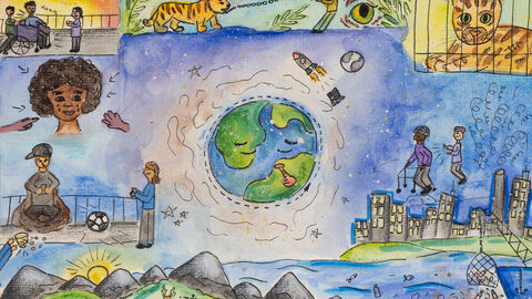 Sophia Schalapugin (11 Jahre), Gymnasium Nord, Frankfurt am Main, Kategorie Kleiner Anerkennungspreis Einzelteilnahmen 9 bis 12 Jahre: Bild mit mehreren Szenen. In der Mitte ist die Erdkugel, die ein Thermometer im Mund trägt. Drum herum sieht man einen Rollstuhlfahrer, der ausgelacht wird; einen gequälten Tiger; Schmutz im Wasser; jemanden, der sich über eine ältere Person lustig macht; eine weinende dunkelhäutige Person; eine Fußballsituation 