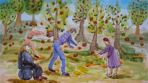 Peter Nicklas Grehl (9 Jahre), Frankfurt am Main, Kategorie Kleiner Anerkennungspreis Einzelteilnahmen 9 bis 12 Jahre: Mehrere Personen sammeln gemeinsam Äpfel auf