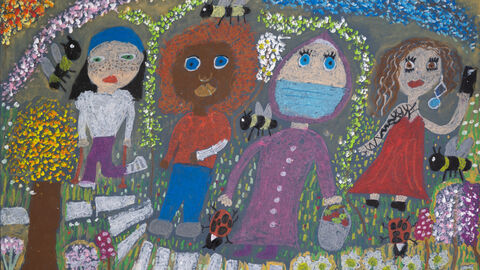 Bahar Canpolat (9 Jahre), Mathildenschule, Offenbach, Kategorie Kleiner Anerkennungspreis Einzelteilnahmen 9 bis 12 Jahre: Vier Personen; eine mit Gipsbein, eine dunkelhäutige, eine Muslima und ein Mädchen mit Kleid