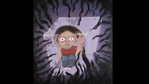 Morina Flatra (14 Jahre), Offene Schule Waldau, Kassel, Kategorie Kleiner Anerkennungspreis EInzelteilnahme 13 bis 16 Jahre: Eine Person sitzt in einem Glaskasten, der zu zerbersten droht; sie hat Tränen in den Augen und blickt den Betrachter entsezt an; von den Bildrändern dringen schwarze Flammen in den Glaskasten 