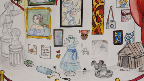 Kiana Weber (15 Jahre), Kopernikusschule, Freigericht, Kategorie Kleiner Anerkennungspreis Einzelteilnahme 13 bis 16 Jahre: Eine Museumsszene, hinter einer Absperrung sieht man verschiedene Kunstwerke: Büsten, Gemälde, ein Mikrofon, Bücher, eine Hundehütte