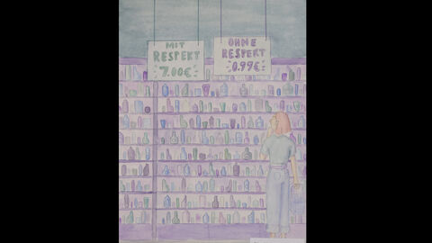 Elisa Malorny (14 Jahre), Kassel, Kategorie Kleiner Anerkennungspreis Einzelteilnahme 13 bis 16 Jahre: Eine Person steht mit einem Einkaufskorb vor einem großen Regal mit Fläschchen und Tiegeln. Über einer Seite hängt ein Schild mit der Aufschrift "Mit Respekt: 7 Euro", daneben ein Schild "Ohne Respekt: 0,99 Euro"