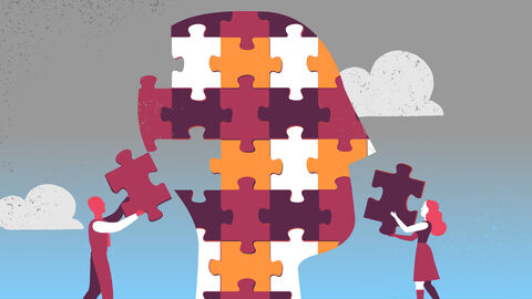 Identitätsmanagement Grafik: Zwei Figuren legen aus unterschiedlich farbigen Puzzleteilen einen Menschenkopf zusammen