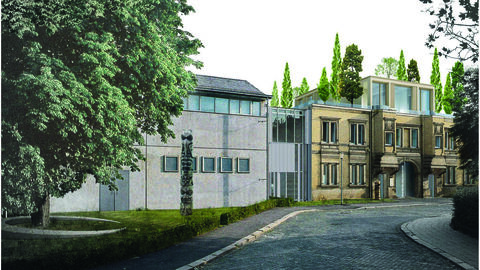 Der 2. Preis ging an Osterwold+Schmidt-Architekten aus Weimar für die Idee, den Innenhof vollständig mit einer mehrgeschossigen Holzkonstruktion zu überbauen Entwurf des Büros Osterwold+Schmidt-Architekten: Man sieht die Fassade des Sepukralkultursmuseums mit der Holzkonstruktion über dem Innenhof