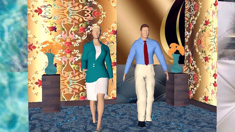 Szene aus "The Sunset Special" Szene aus "The Sunset Special": Zwei pixelige Computerfiguren, Frau und Mann, stehen vor einem bunten Hintergrund