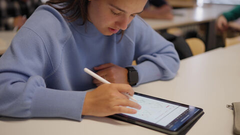 Das ausgezeichnete Projekt nutzt E-Learning und Teamteaching. Eine Studentin arbeit mit einem Tablett.