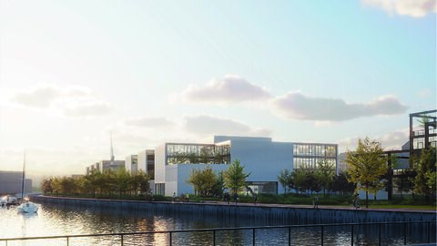 4. Preis: Henn GmbH, München / Keller Damm Kollegen GmbH Landschaftsarchitekten Stadtplaner, München Visualisierung des 4. Preises des Architekturwettbewerbs für die HfG Offenbach: Glasbauten entlang des Mainufers