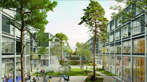 Aus dem Architekturwettbewerb zum Gesamtneubau der Hochschule für Gestaltung (HfG) Offenbach ist der Entwurf als Sieger hervorgegangen, den die Architekturbüros Xaveer de Geyter Architects aus Brüssel gemeinsam mit Topotek 1 Architektur GmbH aus Zürich/Berlin eingereicht haben.  Simulation für den Gesamtneubau der Hochschule für Gestaltung; Mehrstöckige Glasbauten mit großen Freiflächen