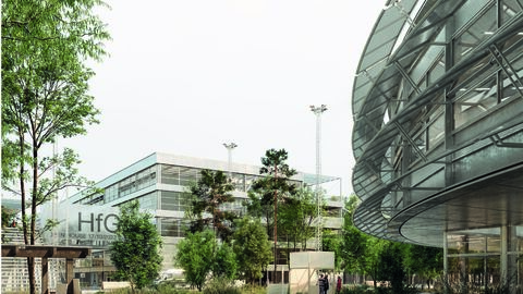 Der 2. Preis beim Architekturwettbewerb für die HfG ging an Robertneun™ Architekten GmbH, Berlin / Penzel Valier AG / Atelier Loidl Landschaftsarchitekten Berlin GmbH, Berlin Visualisierung des 2. Preises beim Architekturwettbewerb für die Hochschule für Gestaltung Offenbach: Im Mittelpunkt steht ein Rondell