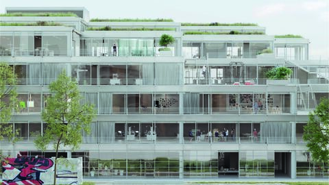Entwurf von Kim Nalleweg Architekten, Berlin / STUDIO RW | Ruddigkeit Wiebersinsky Landschaftsarchitekten PartGmbB Visualisierung des 3. Preises beim Architekturwettbewerb für die HfG: Ein großer Glasbau am Mainufer