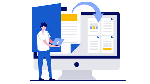 Eine gezeichnete Person steht vor einem Bildschirm, bei dem eine Mappe digitalisiert wird