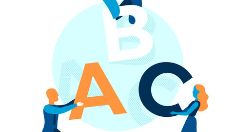 Zeichnung: Zwei Personen und eine Roboterhand tragen die Buchstaben A, B und C