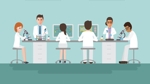 Forschungsdaten sind ein wertvolles Gut der Wissenschaft.  Grafik: Forschende sitzen an einem Tisch, arbeiten an Mikroskopen und am Computer.