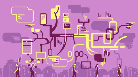 Der HessenHub will allen Studierenden einen Zugang zu barrierefreien und qualitätsgesicherten Lehrinhalten und digital gestützten Lehr- und Lernformaten ermöglichen. Grafik: Symbole der IT und Digitalisierung sindzu einer Mindmap angeordnet, darunter laufen Menschen