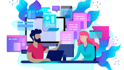 Im Onlinezugangsgesetz haben sich Bund und Länder dazu verpflichtet, ausgewählte Verwaltungsleistungenvollständig digital anzubieten.  Grafik: Zwei Figuren sitzen an Laptops, umgeben von digitalen Dokumenten