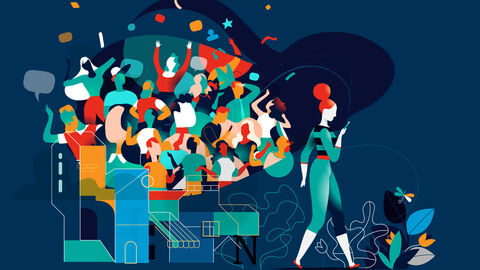 XRMs verwalten Kontakte und Aktivitäten. Eine Figur schaut auf ihr Handy, dadurch öffnet sich eine Sprechblase mit mehreren Menschen darin